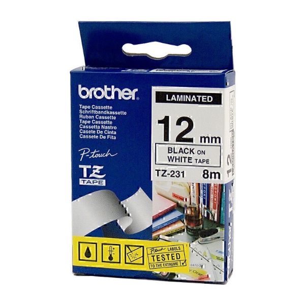Picture of Brother 12mm Black On White TZe Tape