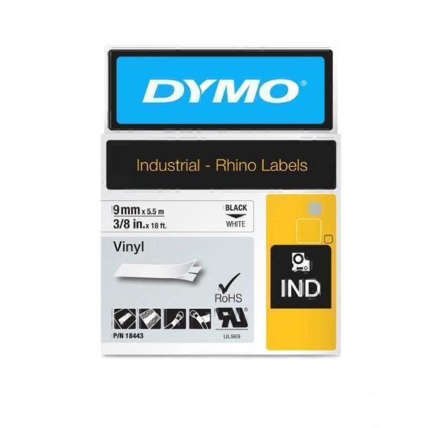 Picture of Dymo 18443 Rhino Industrial Tape Vinyl 9mm Black On White