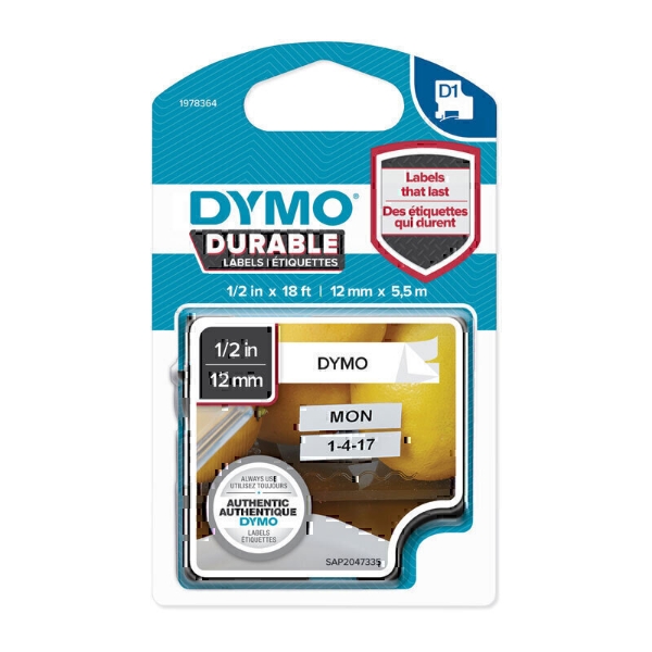 Picture of Dymo D1 Durable Label Tape 12mm Black On White