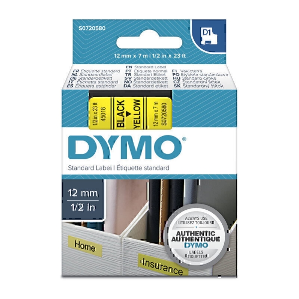 Picture of Dymo D1 Label Tape 12mm x 7m Black On Yellow
