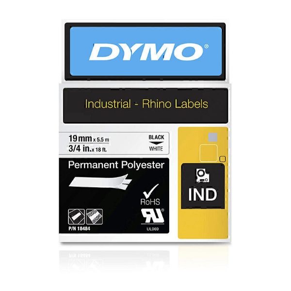 Picture of Dymo 18484 Rhino Industrial Tape Permanent Polyester 19mm Black On White