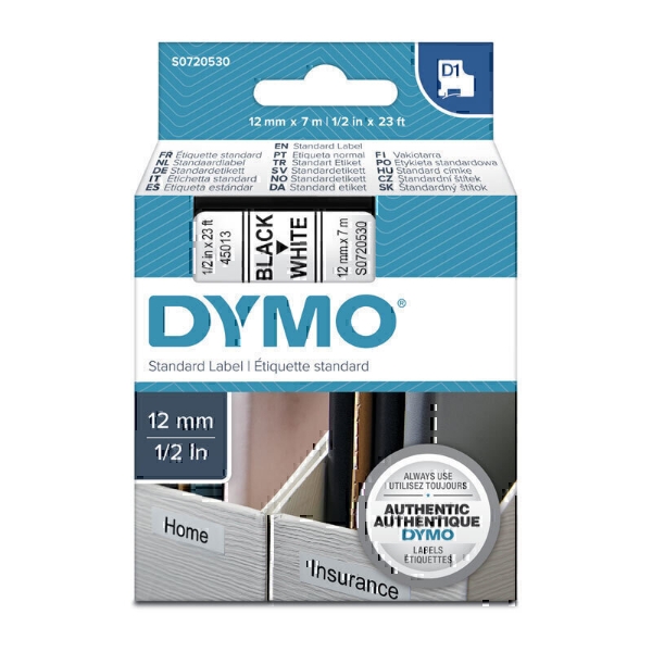 Picture of Dymo D1 Label Tape 12mm x 7m Black On White