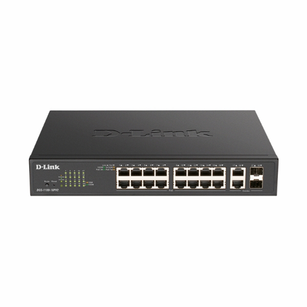 Picture of D-Link 18-Port Smart Managed Switch with 16 PoE+ and 2 Combo RJ45/SFP Ports. PoE Budget 130W (DGS-1100-18PV2)