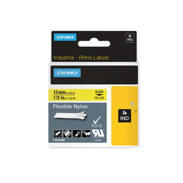 Picture of Dymo 18490 Rhino Industrial Tape Flexible Nylon 12mm Black On Yellow