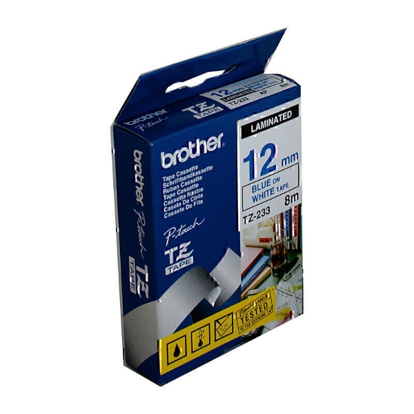 Picture of Brother TZe Labelling Tape 12mm Width Blue On White 8m Long (TZE-233)