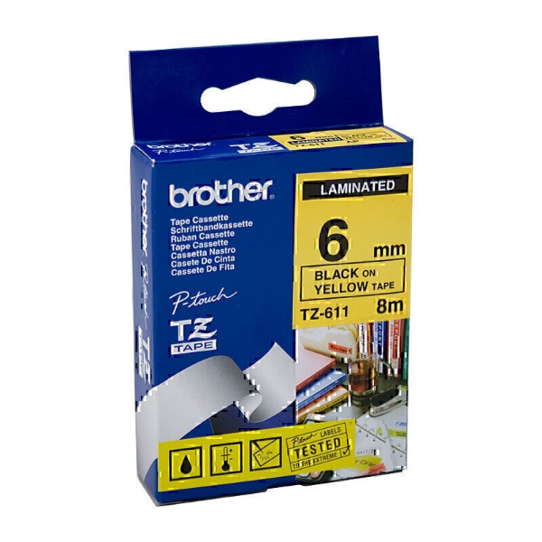 Picture of Brother TZe-611 6mm Black On Yellow Laminated Tape