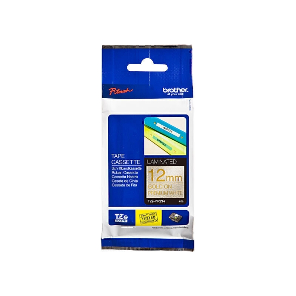Picture of Brother TZE-PR234 Glitter Tape 12mm x 4M Gold On White