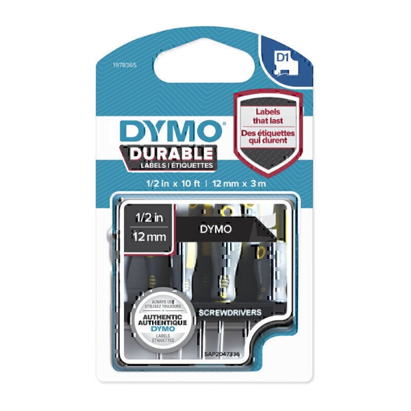 Picture of Dymo D1 Durable Label Tape 12mm White On Black