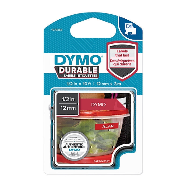 Picture of Dymo D1 Durable Label Tape 12mm x 3M White On Red