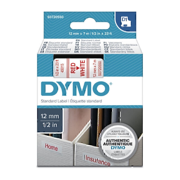 Picture of Dymo D1 Label Tape 12mm x 7m Red On White