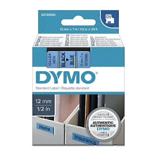 Picture of Dymo D1 Label Tape 12mm x 7m Black On Blue