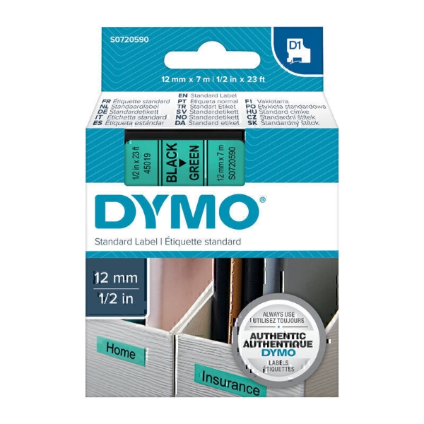 Picture of Dymo D1 Label Tape 12mm x 7m Black On Green
