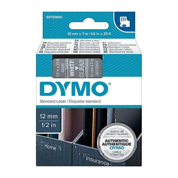 Picture of Dymo D1 Label Tape 12mm x 7m White On Clear