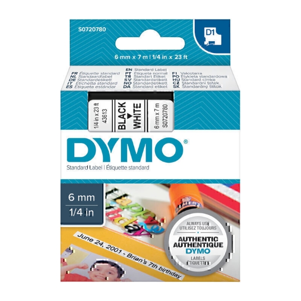 Picture of 10 x Dymo SD43613 / S0720780 Genuine 6mm Black Text On White Label Cassette - 7 Meters