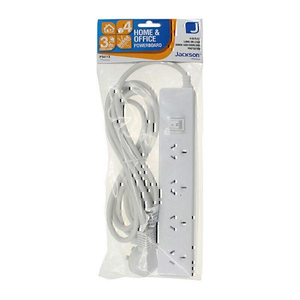 Picture of 5-Pack 4 Outlet Powerboard Jackson PT4113 Surge Protected with 3M Lead - White