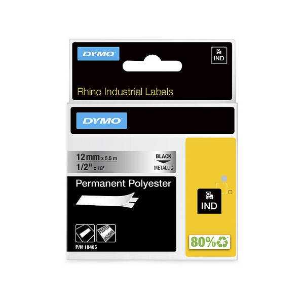 Picture of Dymo Rhino Tape Permanent Polyester 19mm Black On Metallic 18487