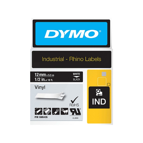 Picture of Dymo Rhino Industrial Tape Vinyl 12mm White On Black