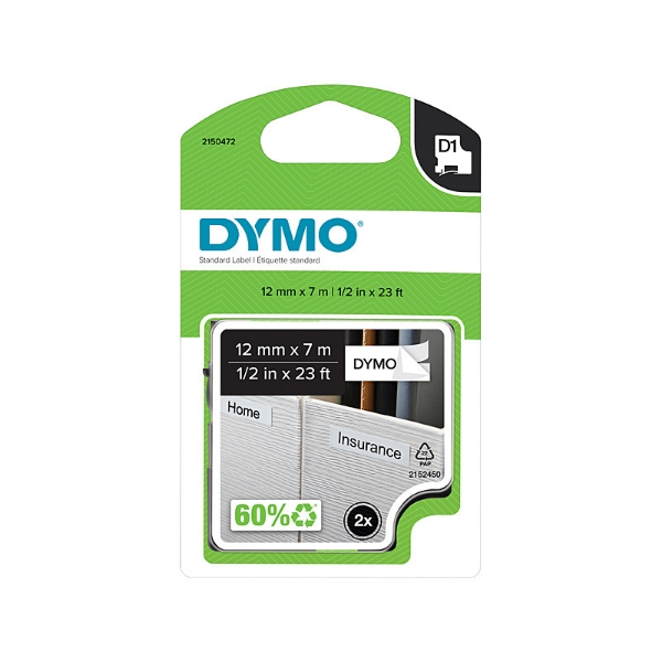 Picture of Dymo D1 Blk on Wht 12mmx7m Pk2